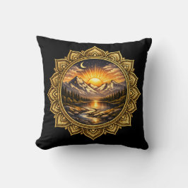 Almofada Golden Boho Mandala Mountain Sunset Art | Black