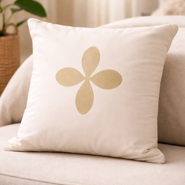 Almofada Golden Folk Bloom Throw Pillow (Muted gold floral icon centered on off-white for calm, nature inspired home layering.)