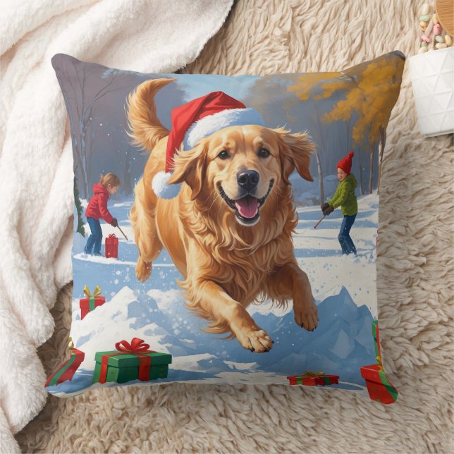 Almofada Golden Retriever na Neve com Chapéu de Natal (Cobertor)