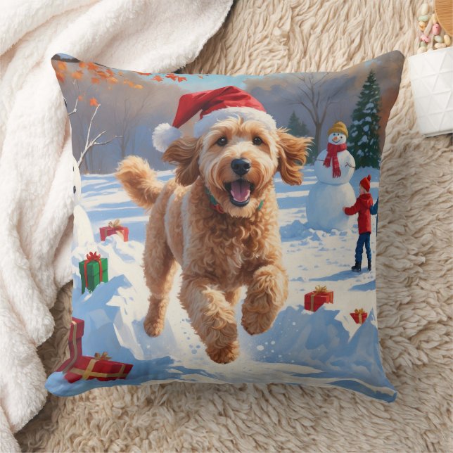 Almofada Goldendoodle Correndo na Neve com Chapéu de Natal (Cobertor)