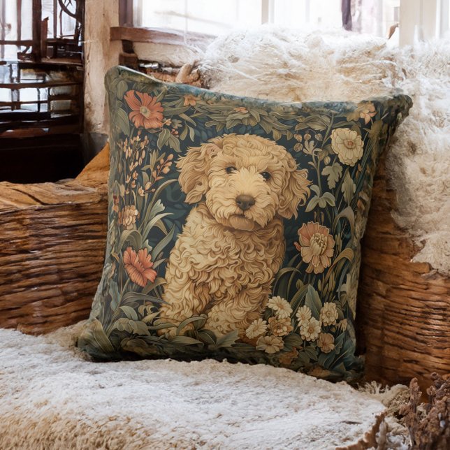 Almofada Goldendoodle Puppy no Jardim do Estilo William Mor (Criador carregado)