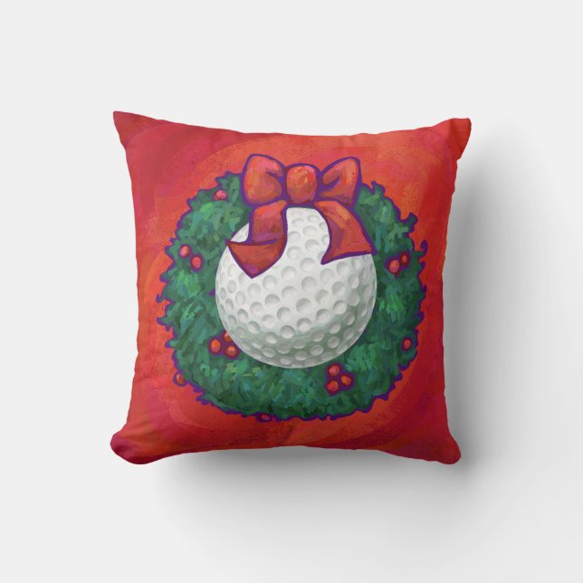 Almofada Golf Ball Christmas Wreath on Red (Frente)