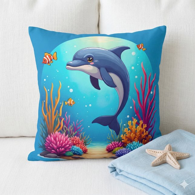 Almofada Golfinho Whimsical em recife de coral vibrante (Whimsical Dolphin in Vibrant Coral Reef Throw Pillow Mockup A)