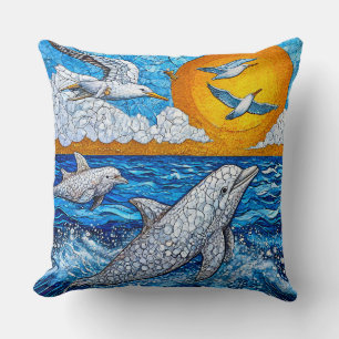 Almofada Golfinhos Gaivotas Cena do Oceano 🌊🐬 Brisa Coste