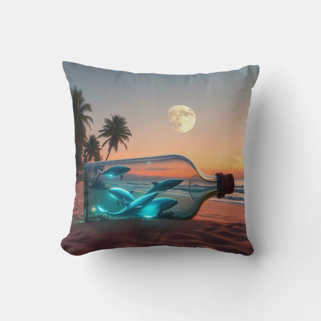 Almofada Golfinhos Luuários: O Oceano Brilha em uma Garrafa (Frente)