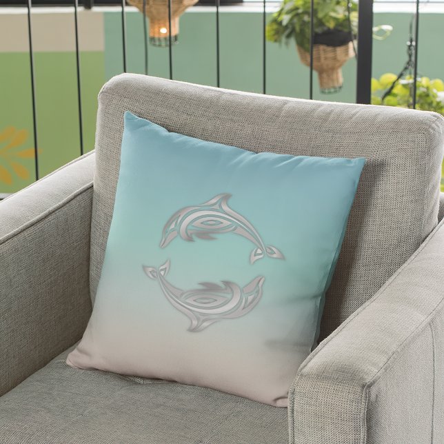 Almofada Golfo Marítimo Moderno Turquesa Golfinho Prata (Criador carregado)