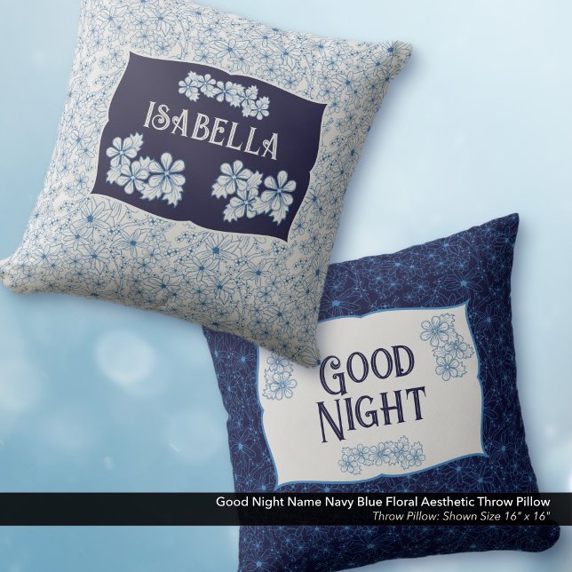 Almofada Good Night Name Navy Blue Floral Aesthetic (Good Night Navy Blue Floral Aesthetic Throw Pillow–Personalized with Your Name)