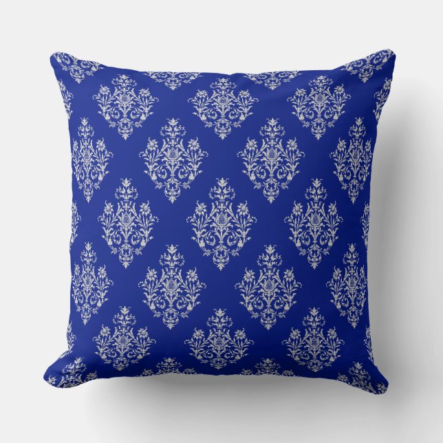 Almofada Gorgeoso e Elegante Padrão Damasco em Azul Cobalto (Frente)