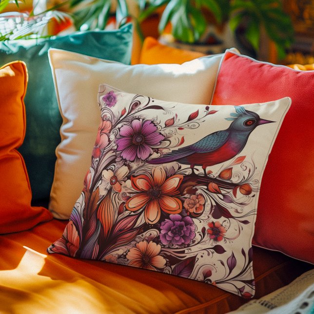 Almofada Gorgeous Red bird e floral Verão (Gorgeous Red bird and floral Summer Throw Pillow)