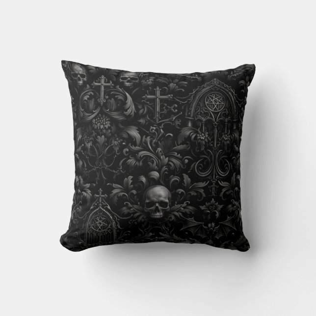 Almofada Gothic Baroque Skull Pattern in Black (Frente)