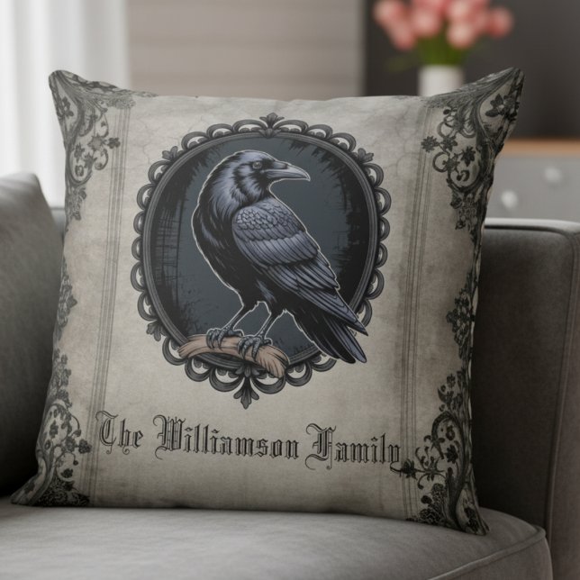 Almofada Gótico Corvo Academia Sombria (Personalized vintage black raven pillow)