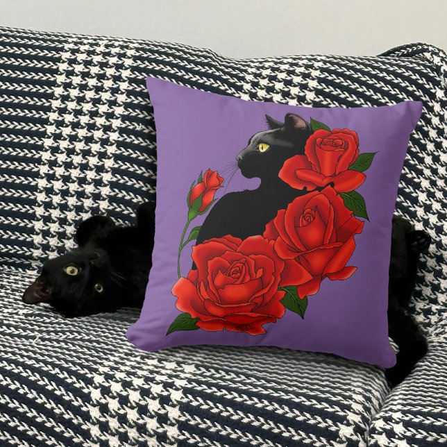 Almofada Gótico Gato Preto Rosas Vermelhas Roxo (Criador carregado)