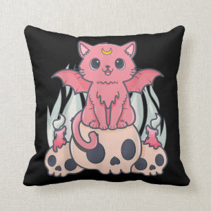 Almofada Gótico Kawaii Pastel Gato e Crânio de Demônio C