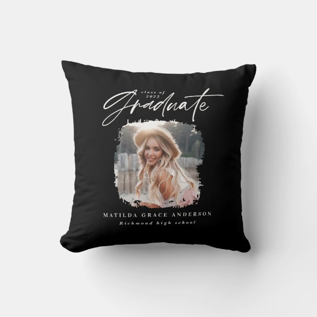 Almofada Graduação elegante de fotos com script branco pret (Frente)