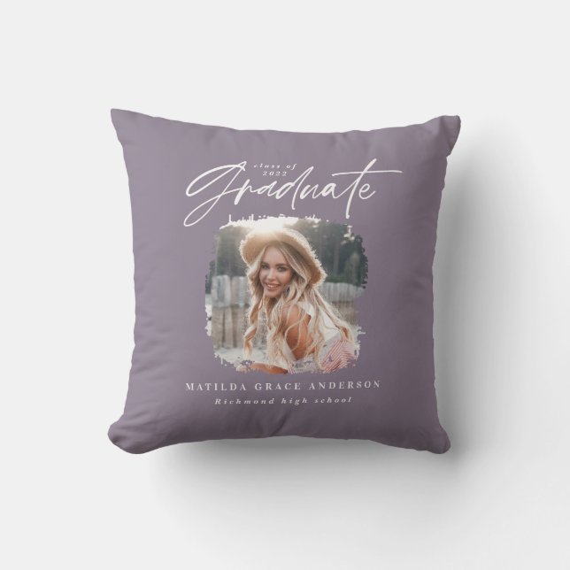Almofada Graduação elegante de fotos com script roxo modern (Frente)