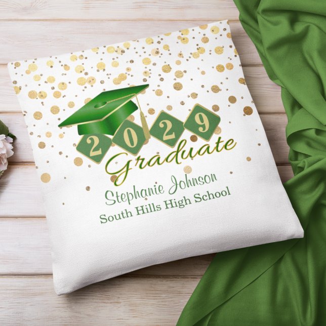 Almofada Graduação Personalizada Confetti Verde e Dourada (Personalized Graduation Confetti Green & Gold Throw Pillow)