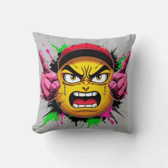 Almofada "Graffiti Emoji Rage – Rosto Irritado com Boné e D (Frente)