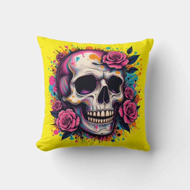 Almofada Grafite Caveira e Rosas Personalizados (Frente)