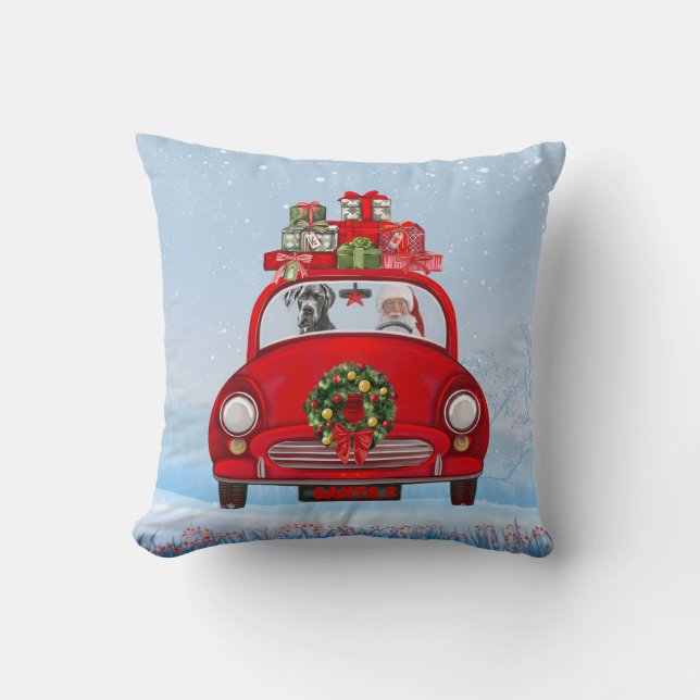 Almofada Grande Cão Dinamarquês no Carro com Papai Noel (Frente)