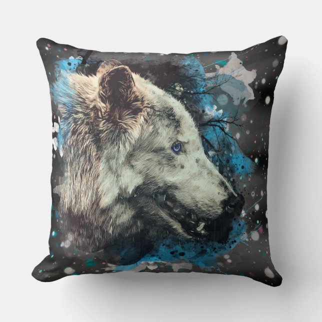 Almofada *~* Grande Lobo Totem Azul Abstrato poliéster Boho (Frente)