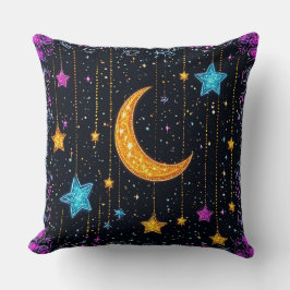 Almofada Grande lua crescida e numerosas estrelas
