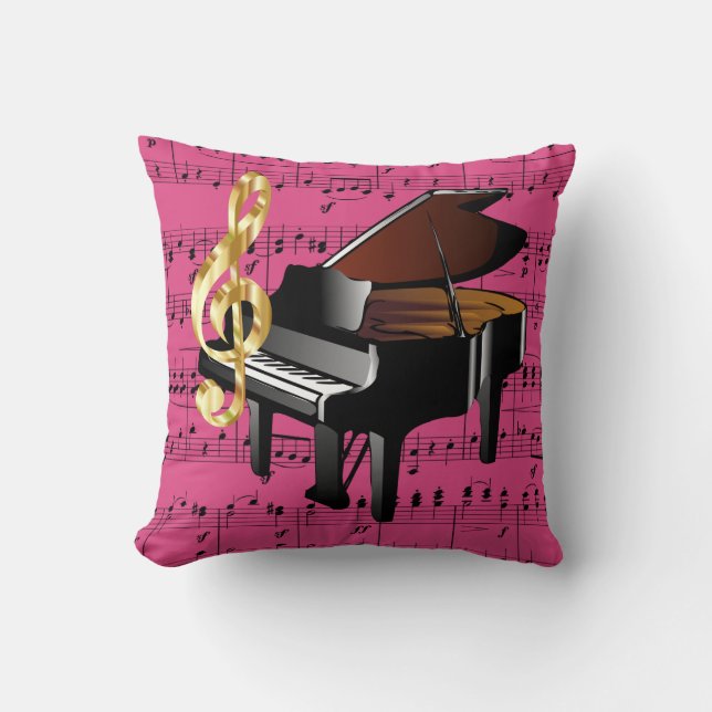 Almofada Grande Piano Dourado Treble Clef Fuchsia Sheet Mus (Frente)
