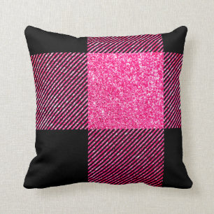 Almofada Grande Xadrez de Búfalo Preto e Quente Rosa