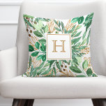 Almofada Granulado Botânico Folha de Água Monograma Bonito<br><div class="desc">Linda coloração aquática feita à mão,  arranjos de folhagem verde travesseiro decorativo com seu monograma personalizado.</div>
