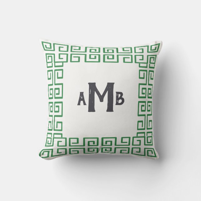 Almofada Grass Green Chinoiserie Grega Key Border Monograma (Frente)