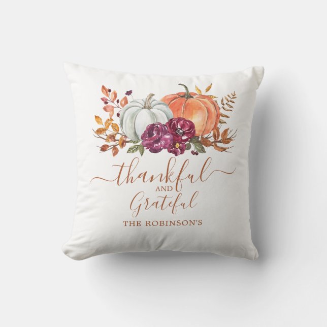 Almofada Grateful Autumn Fall Pumpkin Watercolor (Frente)