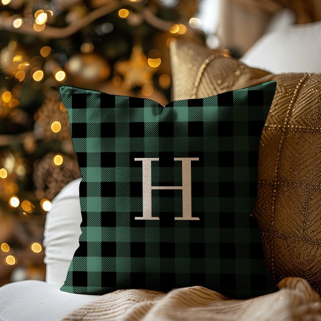 Almofada GREEN Black Buffalo Plaid Monogram Holiday (Criador carregado)