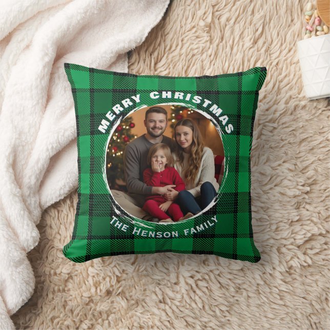 Almofada Green Personalized Family Photo Plaid Pattern  (Cobertor)