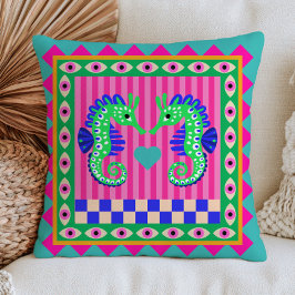 Almofada Green Seahorses Striped& Checkered Maximalist Sea