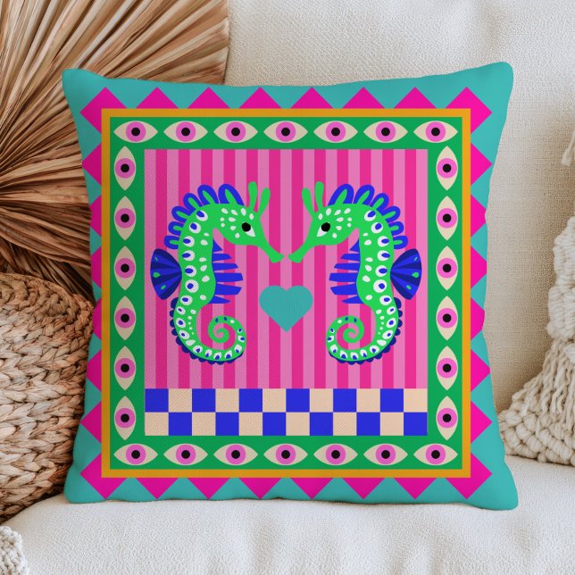 Almofada Green Seahorses Striped& Checkered Maximalist Sea (Criador carregado)