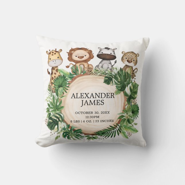 Almofada Greenery Selgle Safari Animal Birth Stats Nursery (Frente)
