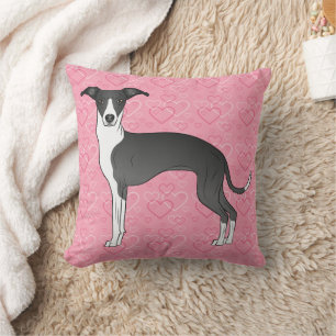 Almofada Greyhound Italiano Negro E Branco Em Corações Rosa