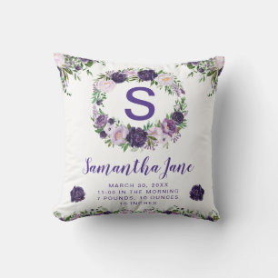 Almofada Grinalda de Flores em Aquarela Roxo e Creme Bebê