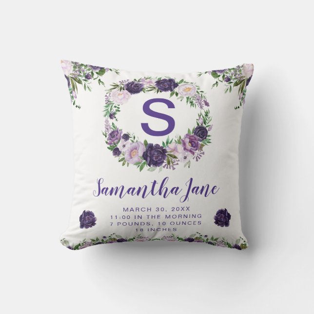 Almofada Grinalda de Flores em Aquarela Roxo e Creme Bebê (Frente)