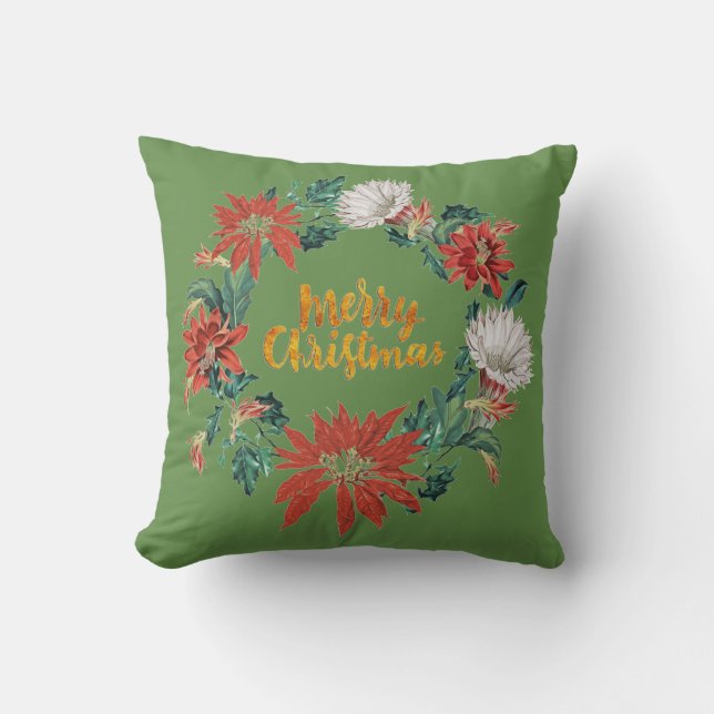 Almofada Grinalda Floral de Natal em Verde com Pincelada Do (Frente)