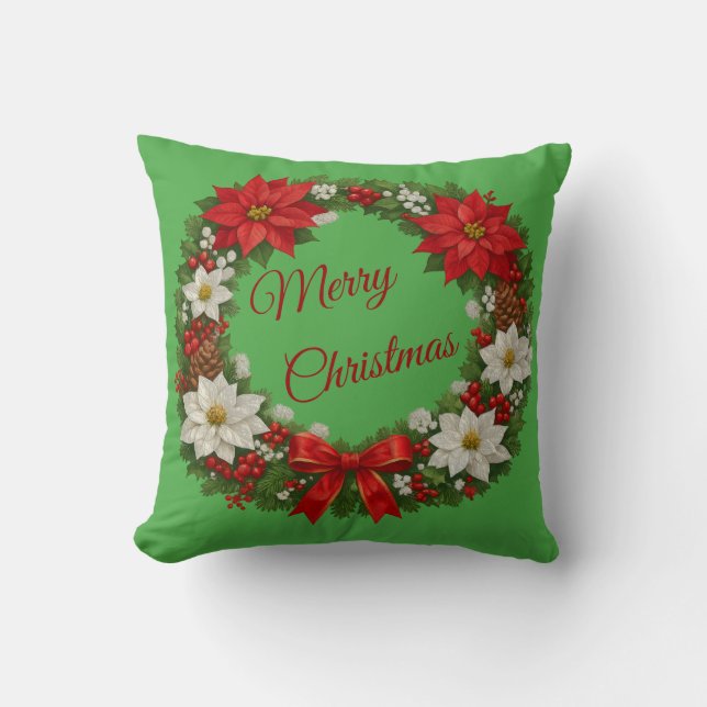 Almofada Grinalda Floral de Natal Tradicional Poinsettia    (Frente)