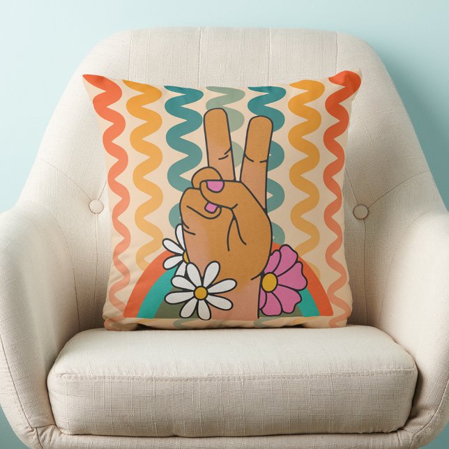 Almofada Groovy Retro Peace Sinal Flower Rainbow (Groovy Retro Peace Sign Flower Rainbow Throw Pillow teen girl college dorm room decor decorations)