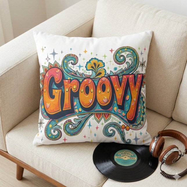 Almofada Groovy Retro Psychedelic 70s Funky Hippie Art (Groovy Retro Psychedelic 70s Funky Hippie Art Throw Pillow Mockup A)