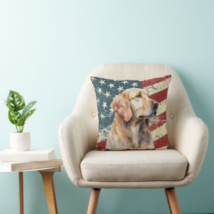 Almofada Grunge American Flag Ouro Retriever Dog