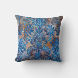 Almofada Grunge Damask Azul Cobalto Ferrugem Laranja