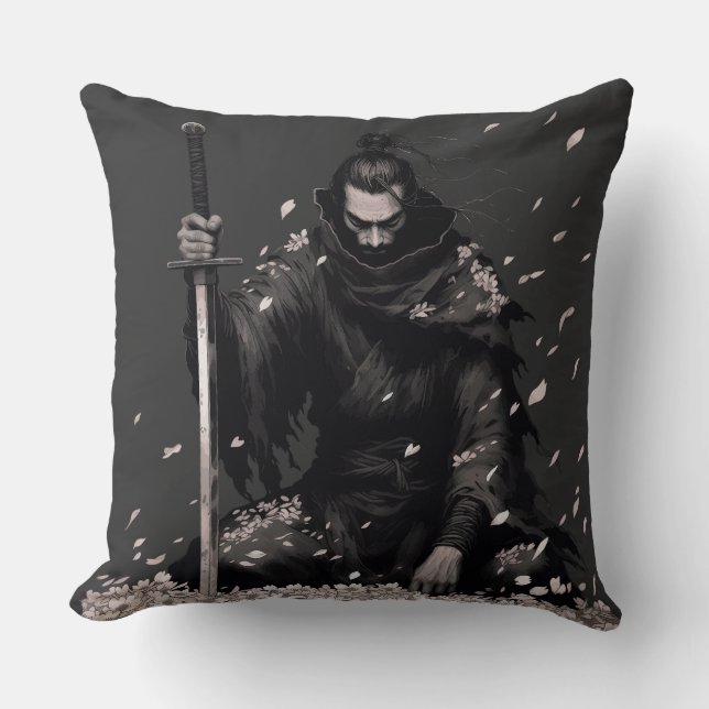 Almofada Guerreiro Samurai Minimalista Sombrio com Pétalas  (Frente)