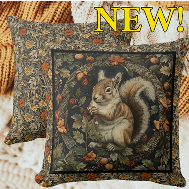 Almofada Guilerme Morris Esquilo de Outono Folhas de Outono (Stunning William Morris Autumn Squirrel illustration!)