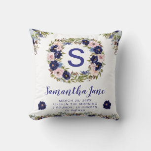 Almofada Guirlanda de Flores em Aquarela Azul e Creme para 