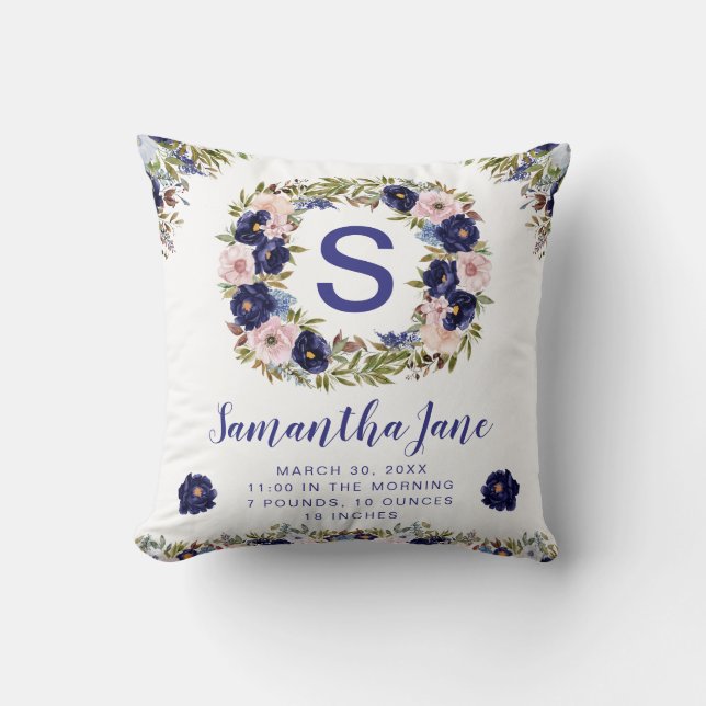 Almofada Guirlanda de Flores em Aquarela Azul e Creme para  (Frente)