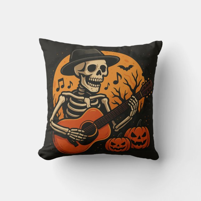 Almofada Guitar-Playing Skull Halloween Throw Pillow (Frente)