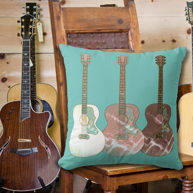 Almofada Guitarras acústicas clássicas Instrumento de Vinta (Acoustic guitar pattern rustic vintage brown and teal pillow)